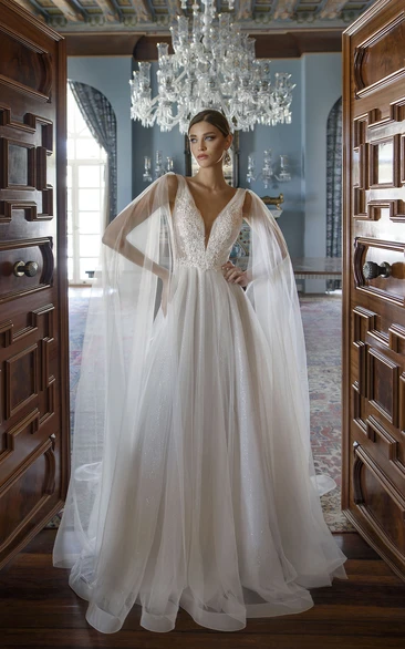 Fairtale Deep-v Neck Tulle Organza Beaded A-line Wedding Dress