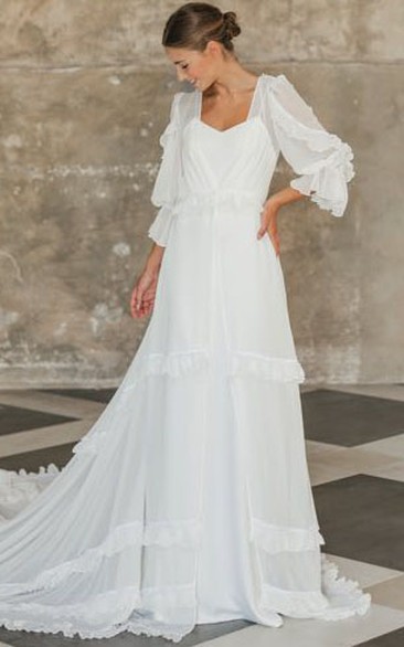 Long Sleeve Chiffon Tiered Empire Wedding Dress with Court Train