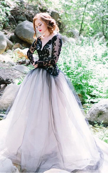 Black and White Ball Gown V Neck Long Sleeve Tulle Wedding Dress with Appliques and Keyhole Back