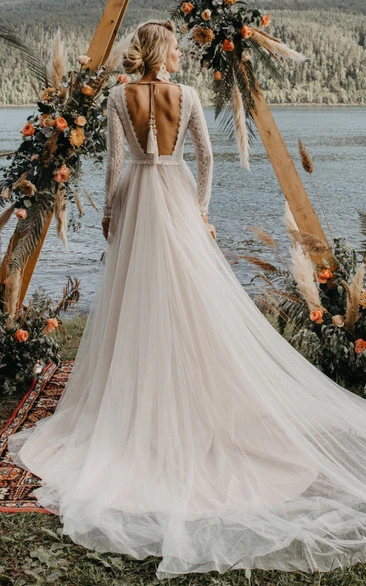 Lace Long Sleeve Boho Backless Country A-line Tulle Plunged Wedding Dress
