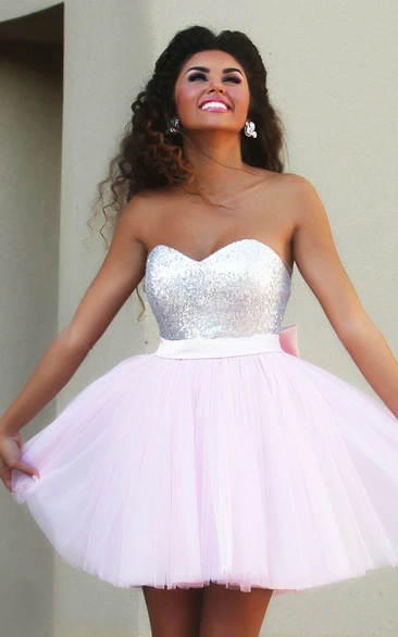 Strapless Sweetheart Tulle Sequins Sleeveless Short A Line Homecoming Dress