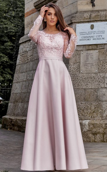 Simple Satin Bateau A Line Long Sleeve Floor-length Guest Dress with Ruching