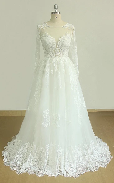Lace Keyhole Back Wedding Tulle A-Line Satin Gown