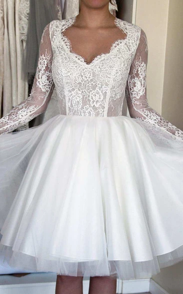 Ball Gown Short Mini Illusion Sleeve Tulle Satin Taffeta Lace Wedding Dress