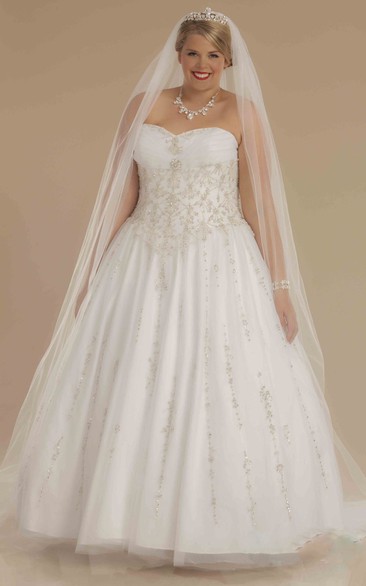 Strapless Tulle Satin plus size Ball Gown With Ruching And Beading