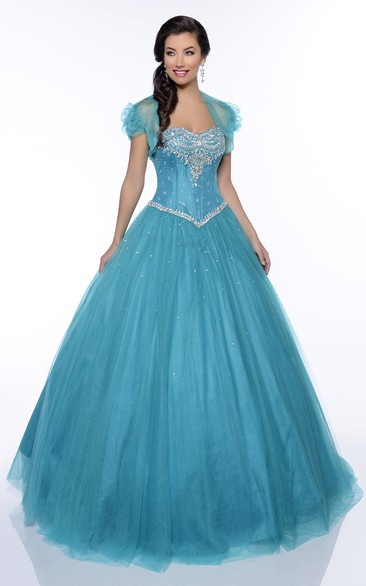 Floor-Length Back Corset Cap Tulle Ruffled Crystal Lace-Up Ball Gown