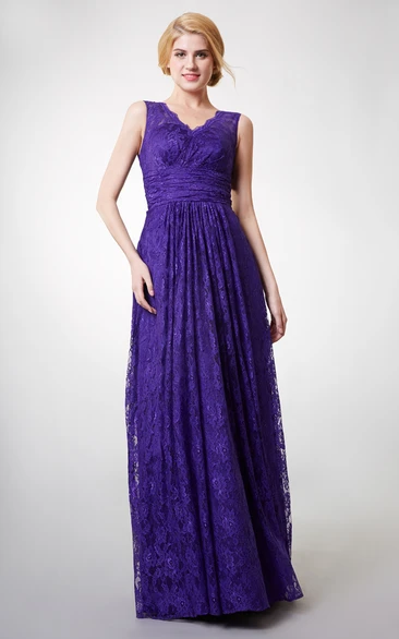 Long Lace V-Neckline Country-Inspire Floor-Length Bridesmaid Dress