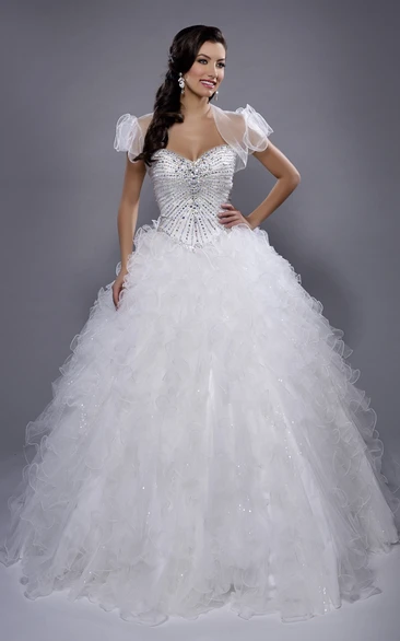 Organza Cascading Ruffled Illusion Cape Sweetheart Strapless Ball Gown