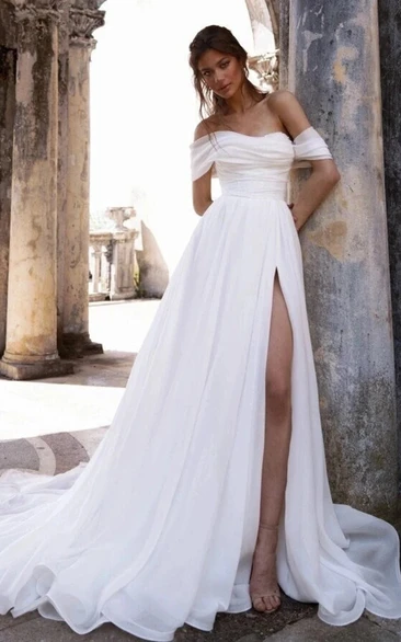 Off-the-shoulder Ruched Chiffon Front Split Sexy Elegant Wedding Dress with Court Train