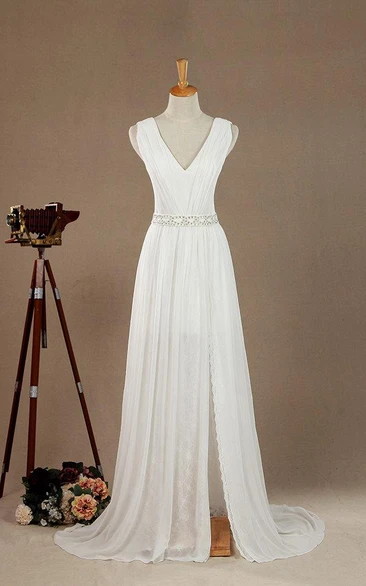 Chiffon Low-V Back Satin V-Neckline Floor-Length Wedding Lace Gown