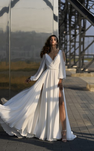 Flowy Long-sleeve Chiffon Criss-Cross Wedding Dress with Deep V Back