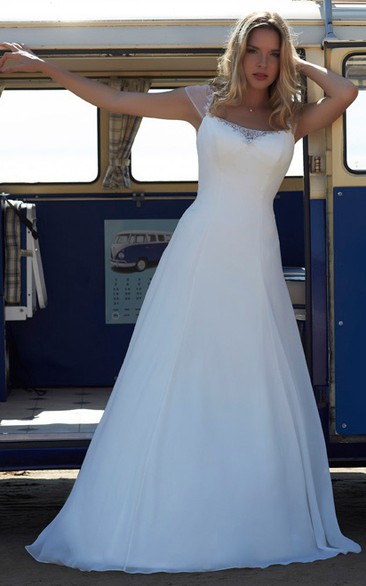 beach Queen Anne A-line Chiffon Satin Wedding Dress With Beading And Illusion