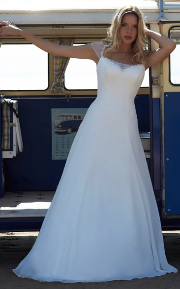 beach Queen Anne A-line Chiffon Satin Wedding Dress With Beading And Illusion