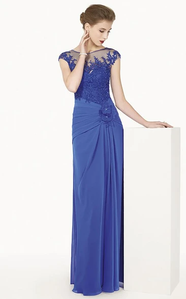 Sheath Jewel Cap-Sleeves Floor-length Chiffon Wedding Guest Dress with Illusion and Appliques