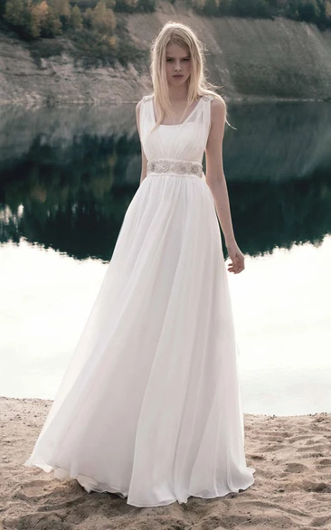 flowy Sleeveless A-line Floor-length Dress With Jeweled Waist And back bow