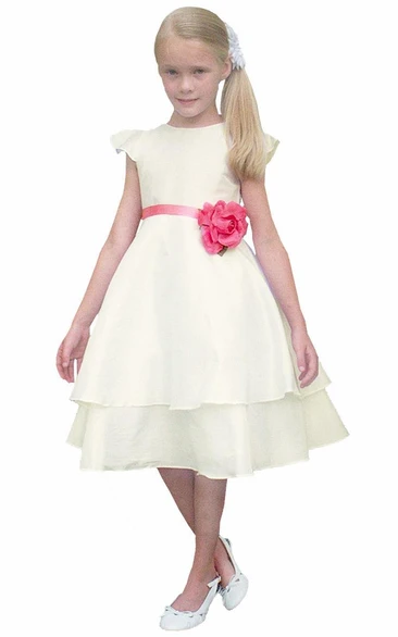 Taffeta Cap-Sleeve 3-4-Length Flower Girl Dress