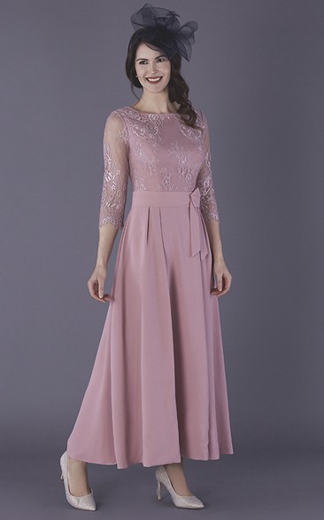 3/4 Illusion Sleeve Ankle Length Chiffon Mother Of The Bride Dress