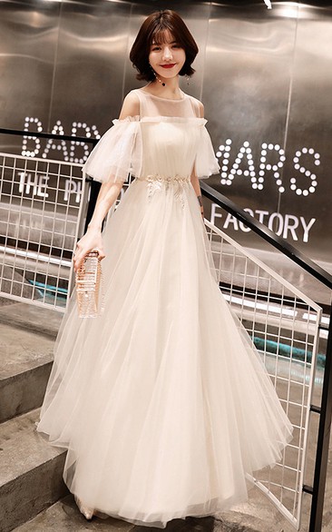 Off-the-shoulder Tulle Knee-length Floor-length Prom Dress With Appliques
