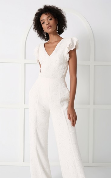 V Neck Cap Sleeves Lace Empire Bridal Jumpsuit