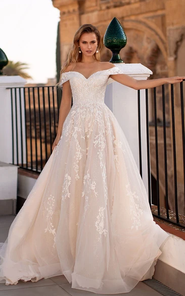Lace Elegant Off-the-shoulder Sweetheart A-line Tulle Wedding Dress