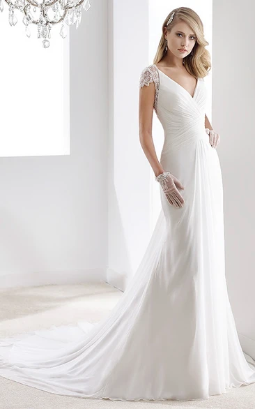 Plunged Cap-sleeve Chiffon Wedding Dress With Ruching And Illusion back