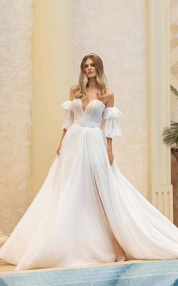 Sweetheart A-line Tulle Off-the-shoulder Puff-sleeve Wedding Dress with Front Split and Belt