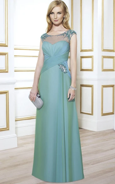 Ruched Jewel Floor-Length Cap-Sleeve Formal Dress