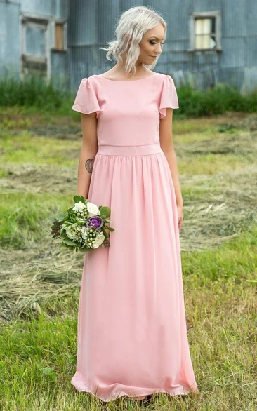 Casual Chiffon Short-sleeve Floor Length Ruched Bridesmaid Dress