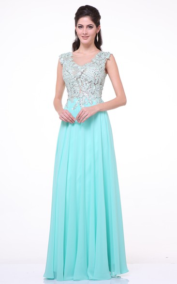 A-line V-neck Sleeveless Floor-length Chiffon Prom Dress with Appliques and Pleats