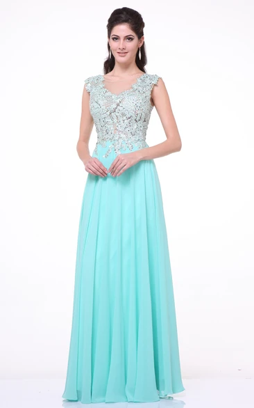 A-line V-neck Sleeveless Floor-length Chiffon Prom Dress with Appliques and Pleats