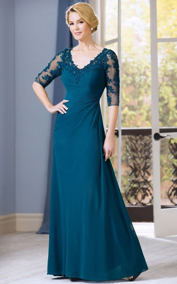 side-draped Illusion Half Sleeve Jersey Mother of the Bride Dress With Appliques