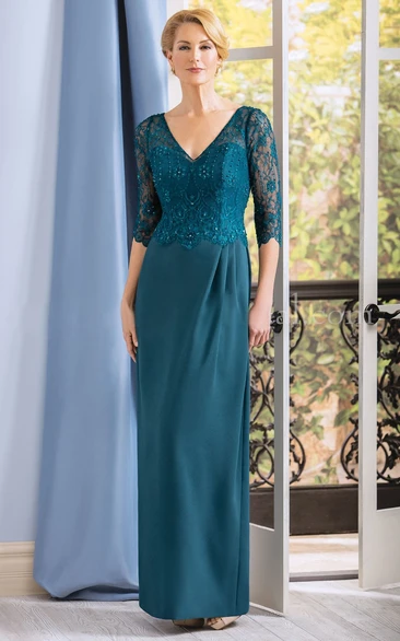 Mermaid V-neck 3/4 Length Sleeves Floor-length Chiffon Mother of the Bride Dress with Low-V Back and Appliques