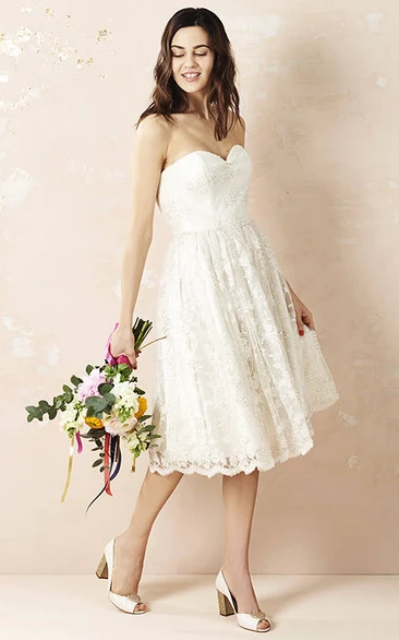 adorable Sweetheart A-line Lace Tea-length Wedding Dress With Pleats