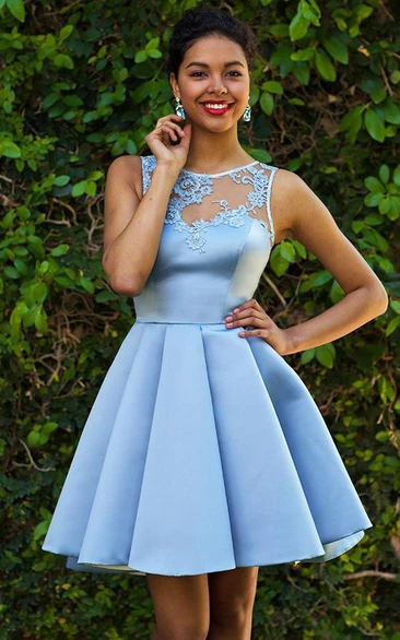 Bateau Satin Sleeveless Short Button Illusion Homecoming Dress with Lace