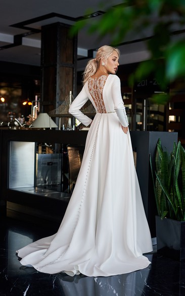 Long Sleeve Modest Scoop-neck Satin Wedding Dress with Illusion Lace Back