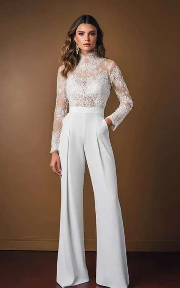 High Neck Illusion Lace Top Appliques Chiffon Wide Leg Bridal Jumpsuit with Sash and Pockets