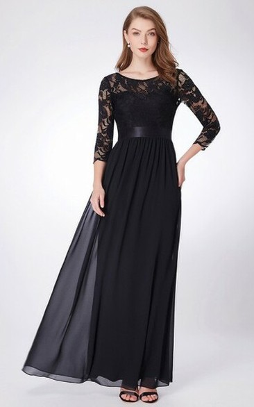 Romantic A Line Chiffon Floor-length 3/4 Length Sleeve Prom Dress with Ruching