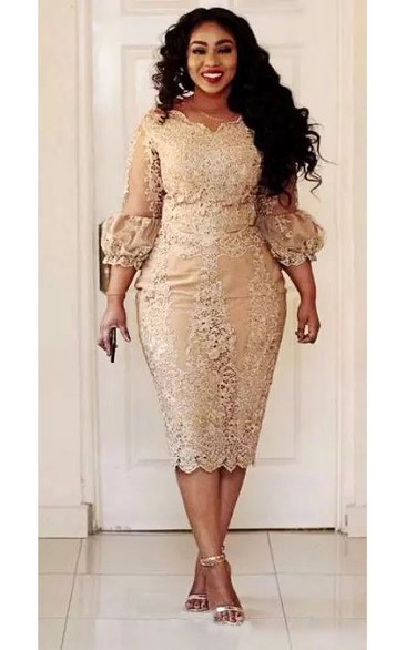Bodycon Scalloped Lace Vintage Sexy Plus Size Knee-length 3-4 Length Sleeve Puff Balloon Dress