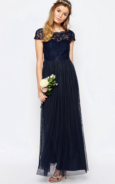 Bateau Short Sleeve Pleated Long Dress With Appliques And Illusion