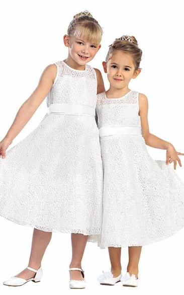 Tiered Satin 3-4-Length Embroidered Lace Flower Girl Dress