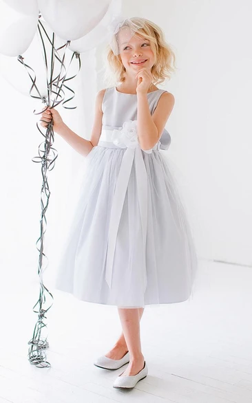 Tulle Layered Tea-Length Satin Flower Girl Dress