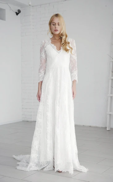 A-line Elegant Long Sleeve Lace Wedding Gown With V-neck And Deep V-back
