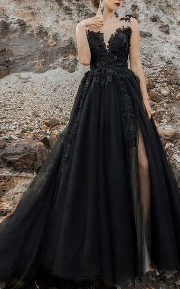 Black V Neckline Sleeveless A-Line Tulle Wedding Dress with Appliques and Front Split