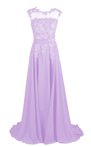 Jeweled Lace Appliqued A-Line Illusion-Neck Gown