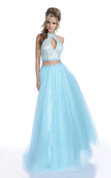 Crop-Top Haltered Crystal-Bodice A-Line Tulle Formal Sleeveless Dress
