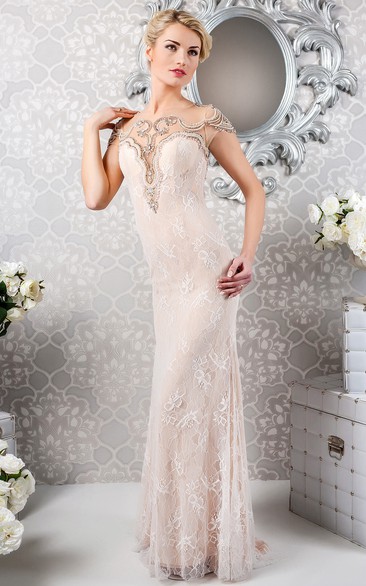 refined Lace Sheath Dress With Illusion And Crystal Detailing