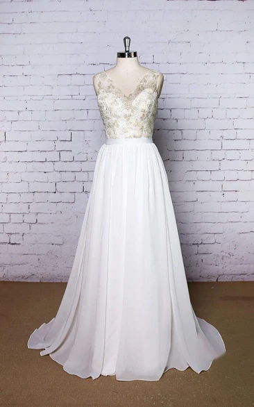 Wedding Golden Lace Top Sleeveless V-Neckline Dress