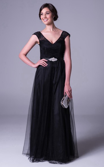 Sheath V-neck Cap-Sleeve Floor-length Tulle Bridesmaid Dress with Low-V Back and Waist Jewellery