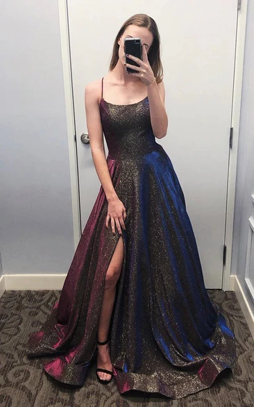Spaghetti Colored Sequin Front Split Formal Sexy Evening Dress