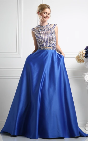 A-Line Crystal Jewel-Neck Cap-Sleeve Illusion Satin Dress